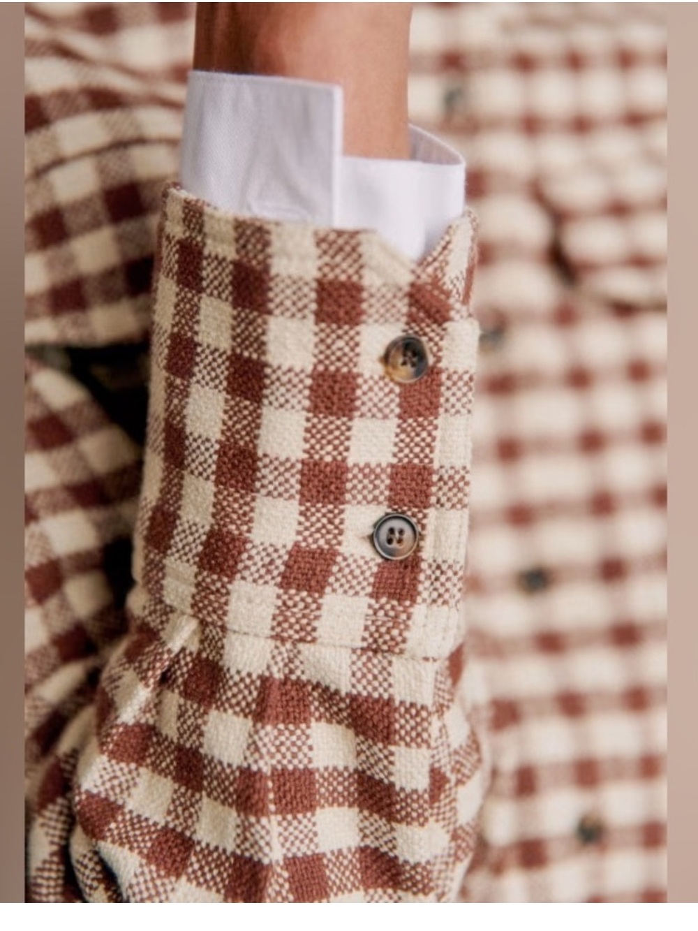 NWT Sezane Maelle Cotton Linen Shirt Jacket Brown Gingham Ecru FR 38 US 6 - Picture 3 of 10